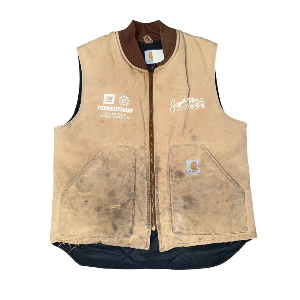 Vintage Carhartt Vest Mens Large Tan Fair GM Powertrain Saginaw Distressed V01